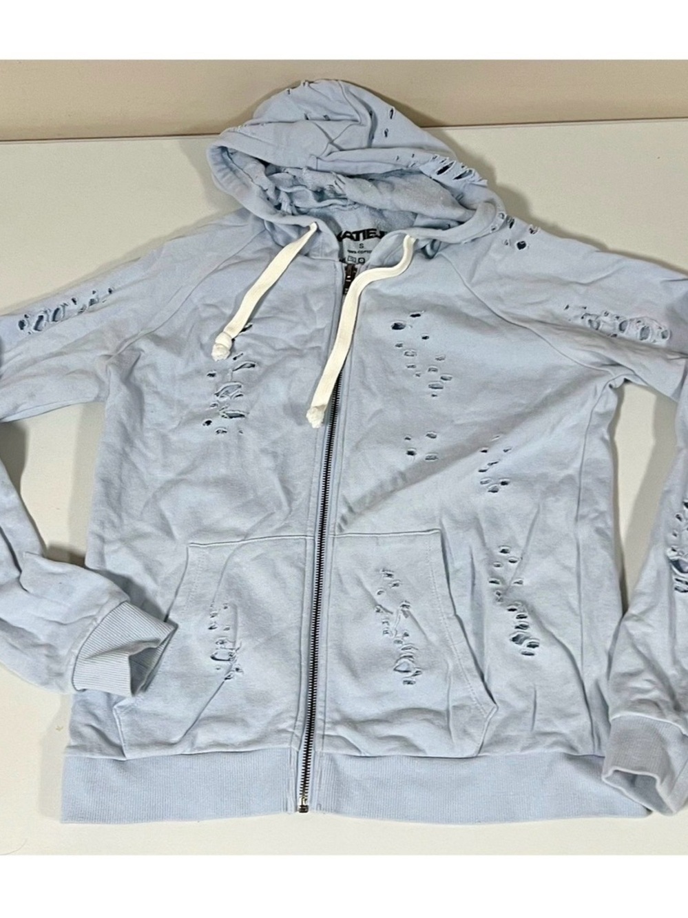 Katie J NYC Blue Pastel Distressed Zipper Sweater Sweatshirt Hoodie Size S 🩵